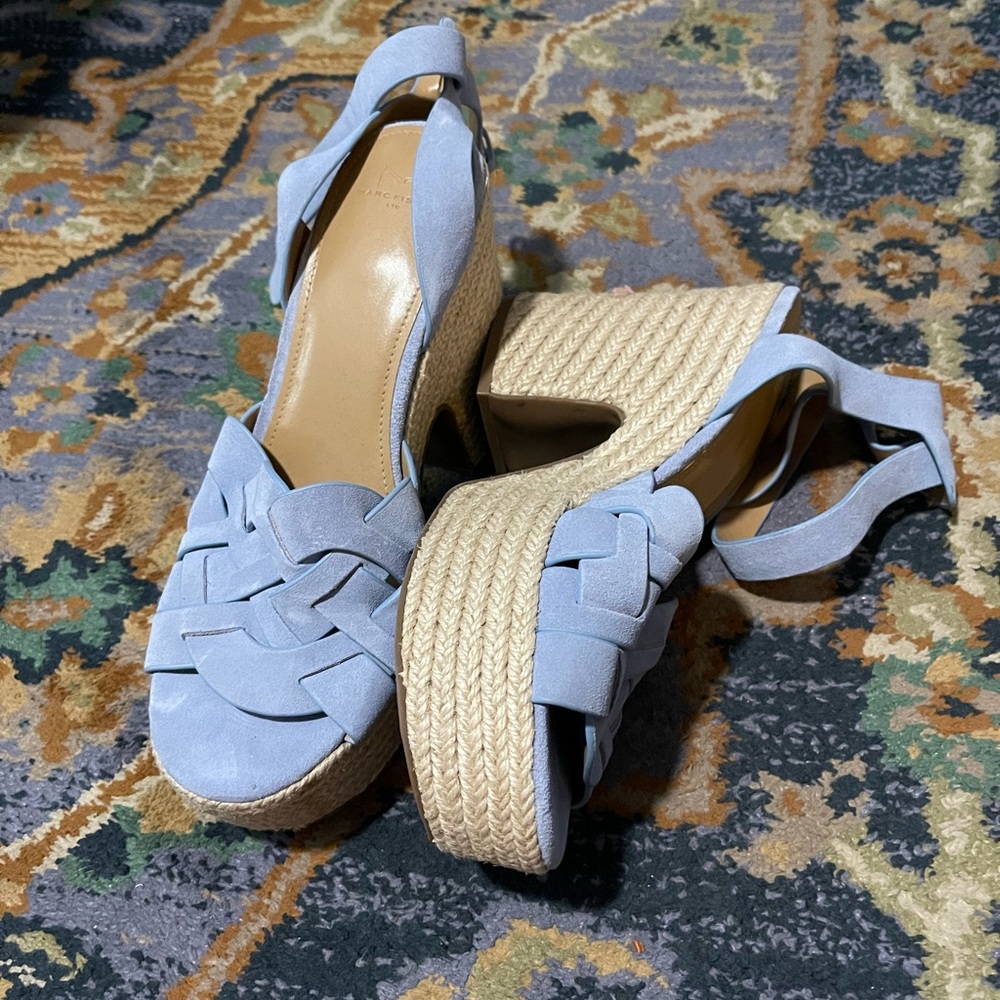 Marc fisher sandal heels with rafia straw style heels.